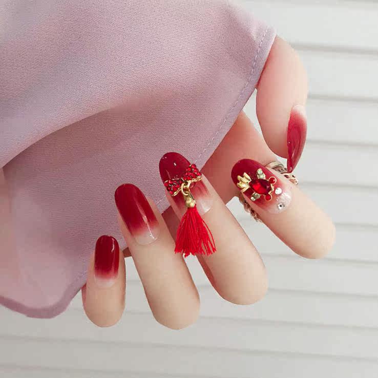 特价新娘甲片成品 结婚 大红_中式婚礼美甲新娘贴片中国风美甲甲片
