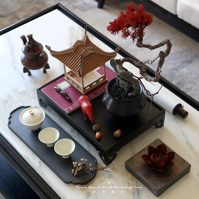 新中式崖柏盆景绿植茶具套装创意书画亭台摆件别墅茶几客厅装饰品
