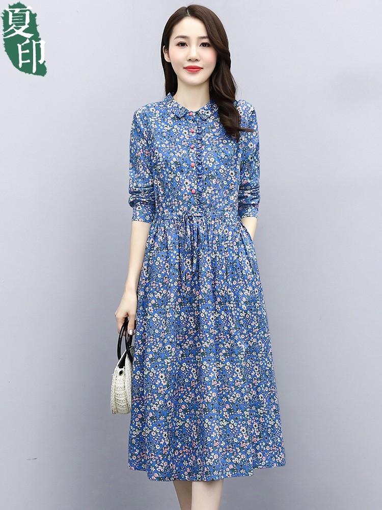 小碎花纯棉连衣裙女长袖2021早秋新款中长款休闲洋气妈妈翻领裙子