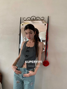 SUPERYIYI甜辣立体蝴蝶结挂脖背心吊带女夏修身显瘦露背短款上衣