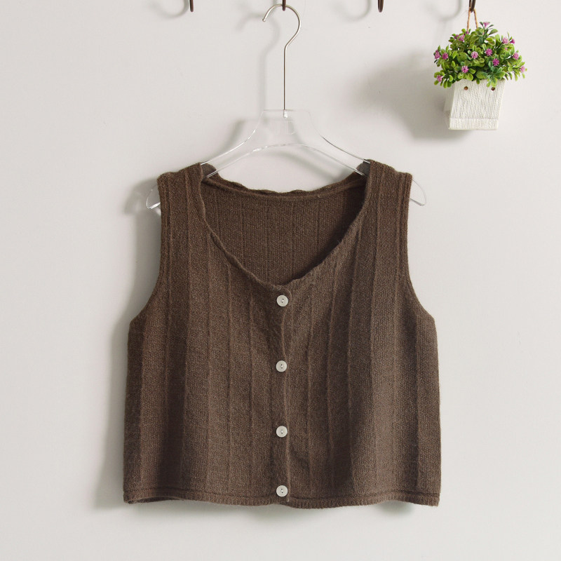 纽扣开衫毛线针织坎肩马甲女无袖背心短款复古学院风v领马夹外搭