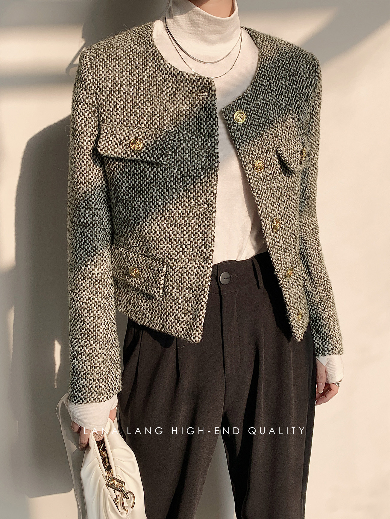 lana lang绿色粗呢外套女2021新款小香风羊毛呢料圆领短款上衣