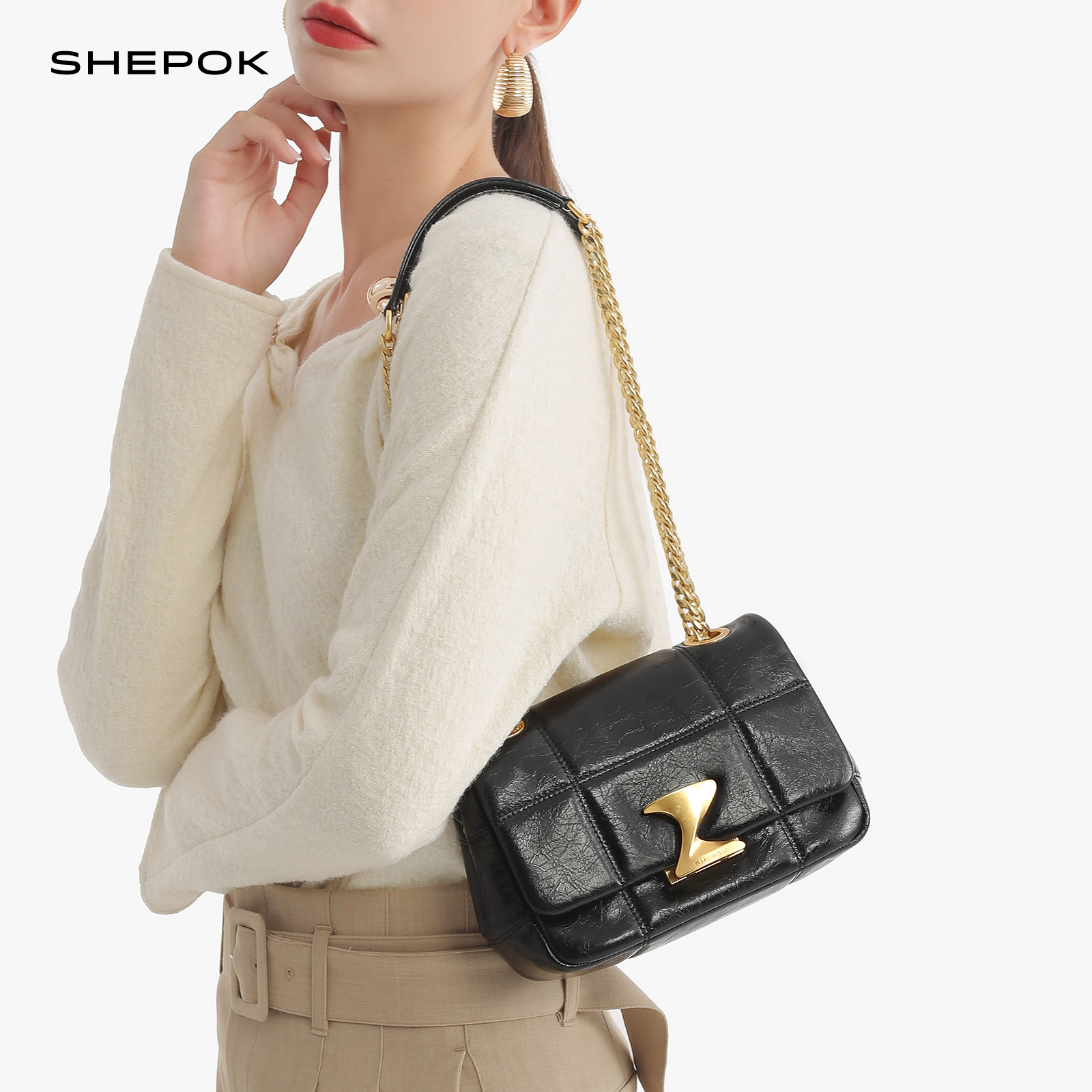 SHEPOK西泊克原创设计高级质感巧克力包真皮链条小方包单肩斜挎包