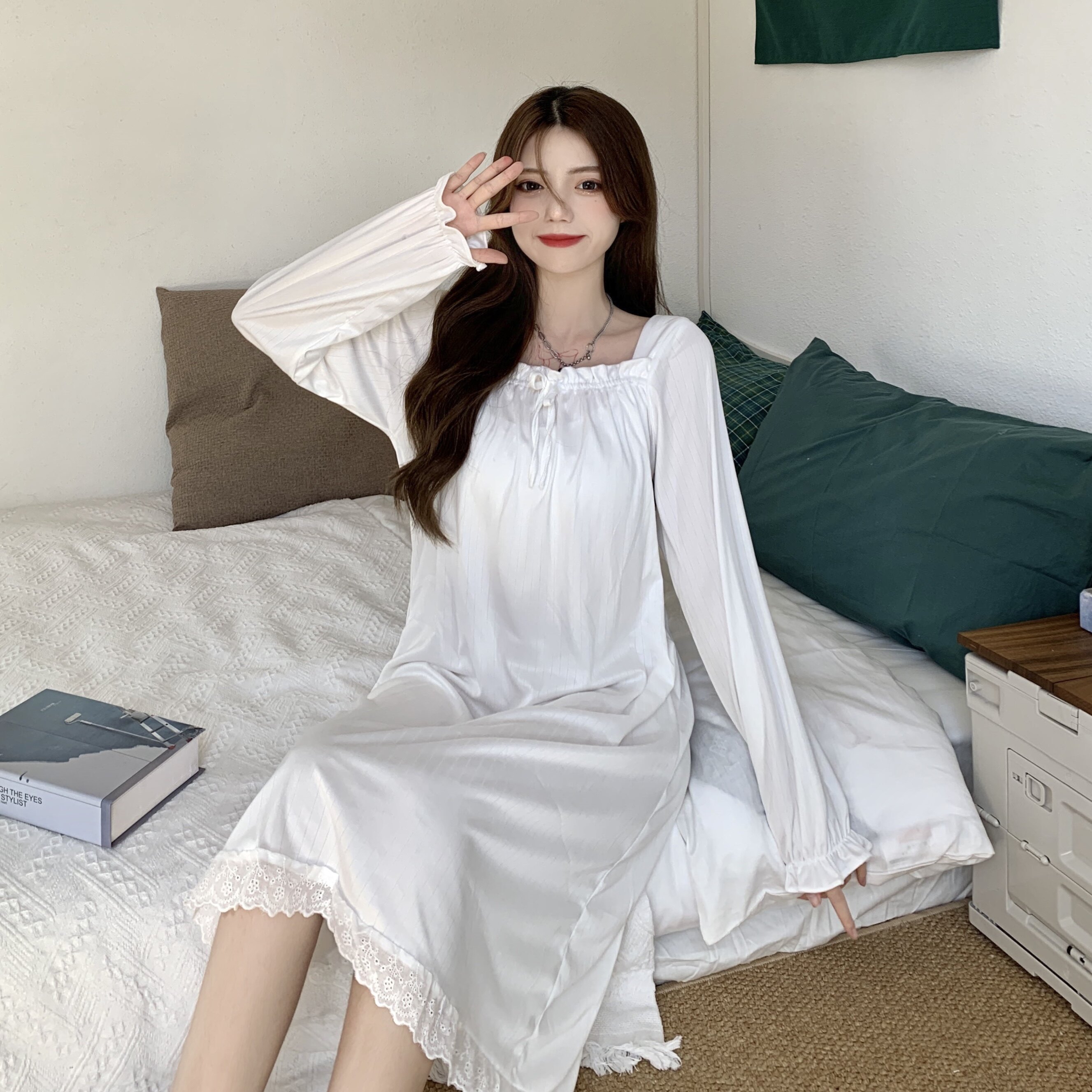 秋季睡衣女长袖网红质蝴蝶结大码时尚家居服舒适睡裙,女装睡衣,dj大码