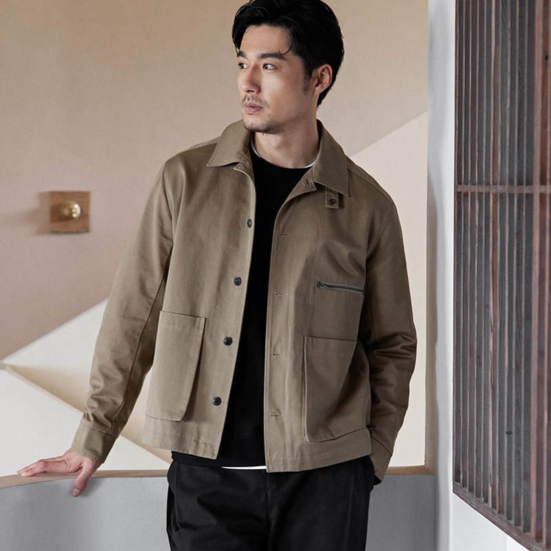 收留原创夹克外套男潮牌春秋新款宽松卡其色工装日系复古休闲上衣