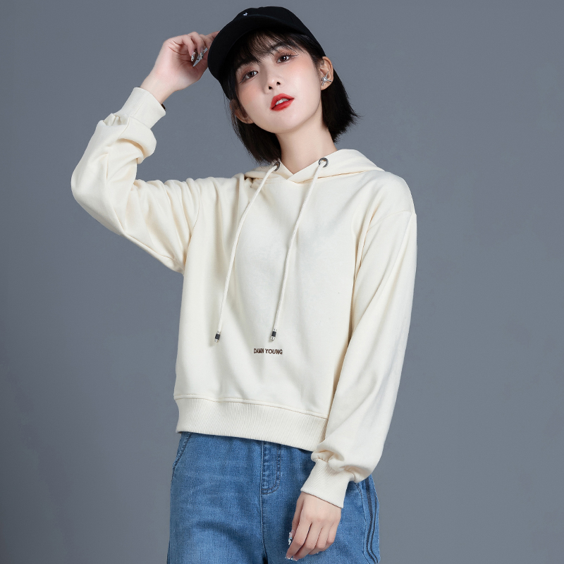 米白色卫衣女2022年新款春秋薄款带帽连帽女装小个子短款上衣外套