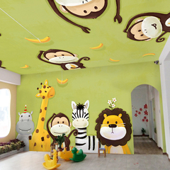 手绘卡通墙纸 儿童房卧室床头背景墙壁纸 无缝可爱动物大型壁画