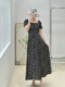 高个子女生黑色碎花连衣裙高级感法式复古方领泡泡袖气质洋气长裙