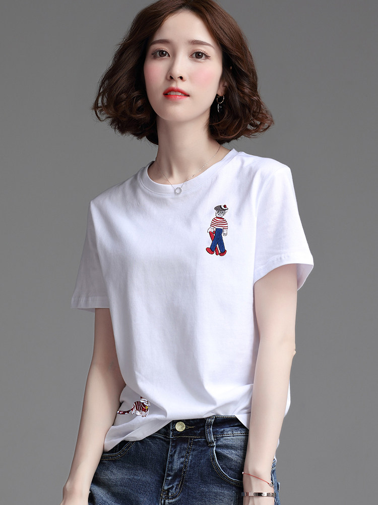 纯棉白色t恤女短袖2022年新款夏装妈妈百搭欧洲站丅t桖短款体恤衫