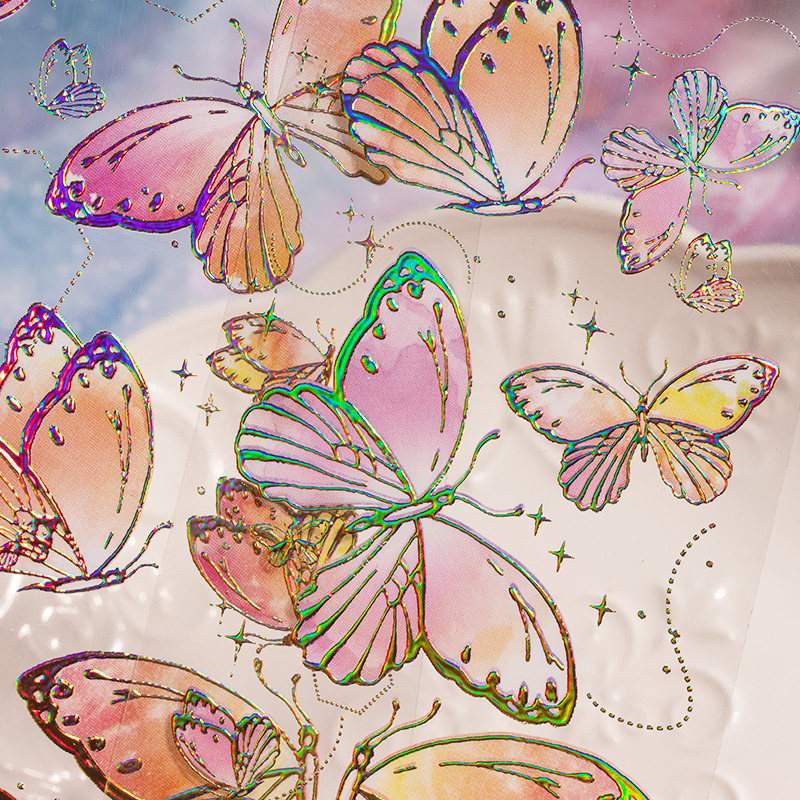 彩色蝴蝶pet立体镭射烫金贴纸 复古风手帐咕卡diy素材装饰小贴画