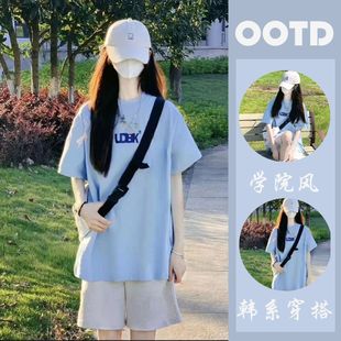 单/套装休闲学院风运动套装女夏季学生韩版宽松短袖T恤短裤两件套
