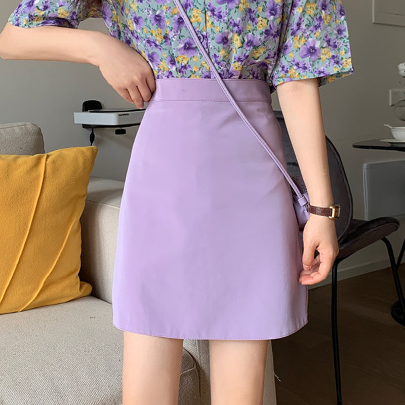 网红皮短裙女2022新款韩版高腰显瘦紫色a字半身裙包臀裙一步裙子