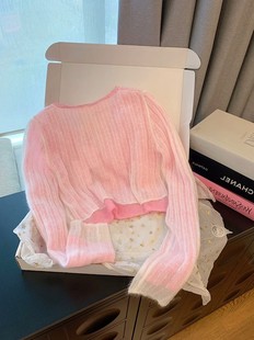 粉色拼接V领长袖针织开衫秋季女2023甜美减龄洋气设计感薄款上衣