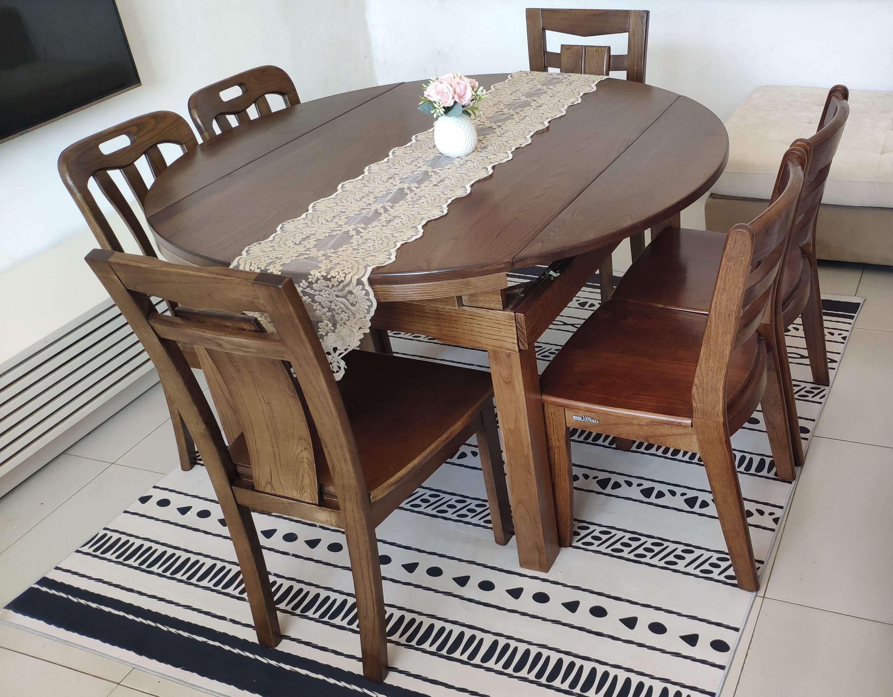 安鑫居纯实木水曲柳三合一伸缩餐桌餐椅组合可变圆桌简约厂家直销