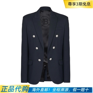BALMAIN 男士蓝色双排扣羊毛修身西装夹克 正品代购 H1SG075