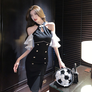 Hollowed out stitching off shoulder color contrast temperament slim dress summer woman