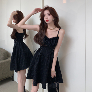 Temperament close waist high waist thin suspender small black dress