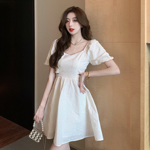 Open waist thin square neck bubble sleeve