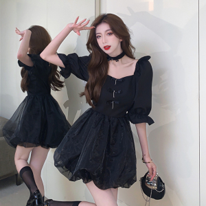 Square neck high waist thin bud skirt fluffy skirt small black dress