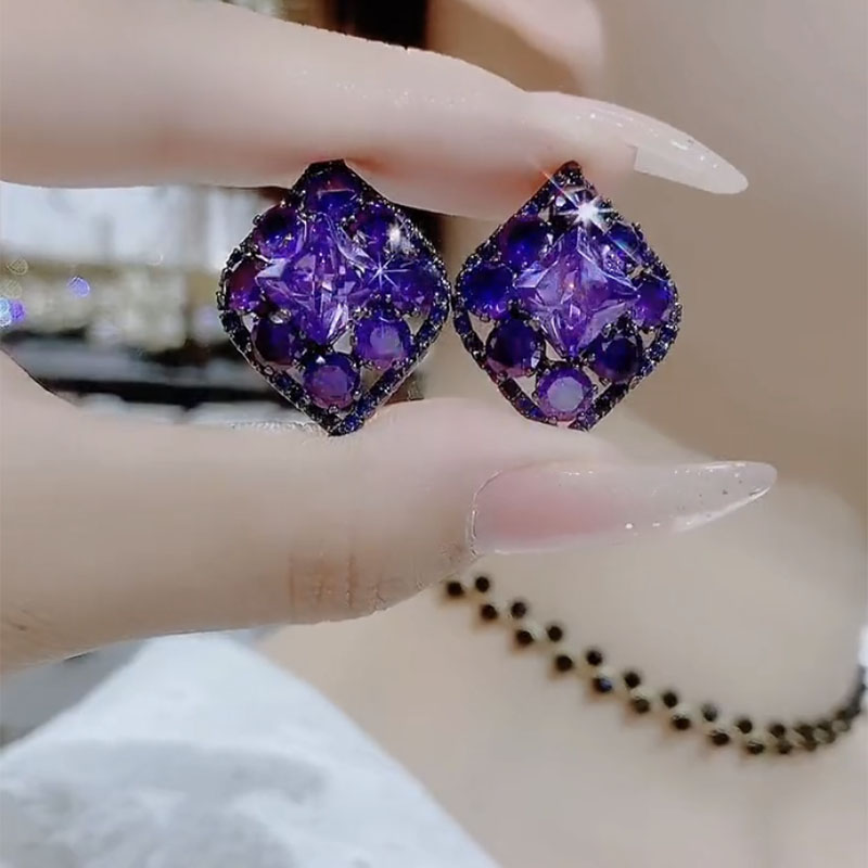紫色水晶几何菱形耳环2022年新款