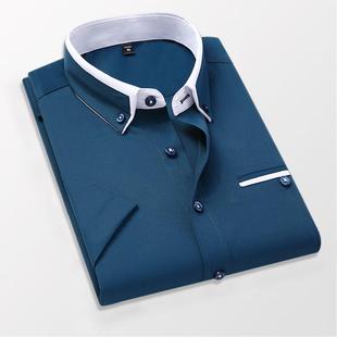 钻蓝色衬衫男短袖2021年新款夏季薄款休闲衫衣拼接耐脏领潮流衬衣