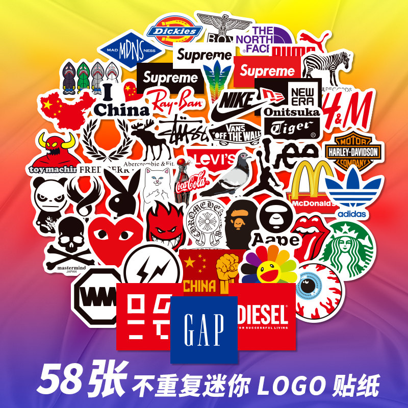 58张迷你潮牌logo防水贴纸旅行拉杆箱行李箱贴纸吉他滑板手机贴纸