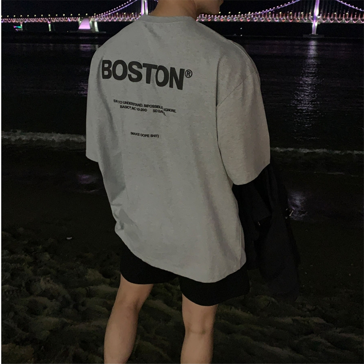 MRDONG韩国男装代购高品棉质潮流Boston英文印花时尚宽松短袖T恤