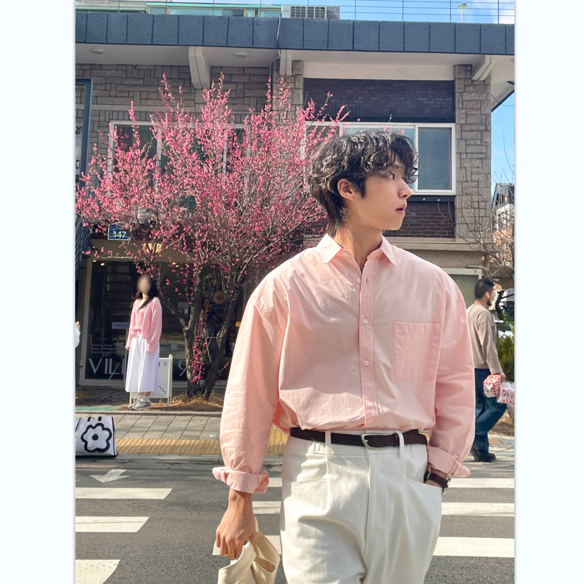 韩国男装代购直播NOMADE福利高品纯棉樱花粉系列休闲宽松长袖衬衫
