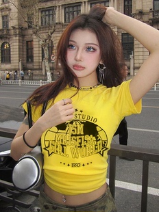 美式复古黄色印花短袖t恤女2024新款夏季小众设计感爆款短款上衣