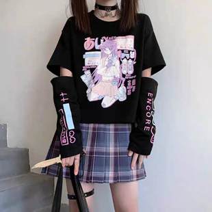 日系JK拼接两截袖短袖t恤女设计感打底衫暗黑女装上衣春夏季ins潮