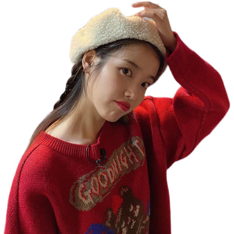 明星李知恩iu同款毛衣女冬季韩版宽松外穿红色加厚套头针织衫上衣