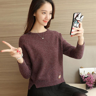 春秋女上衣中年女针织打底衫女士短款毛衣套头宽松针织毛衫加绒