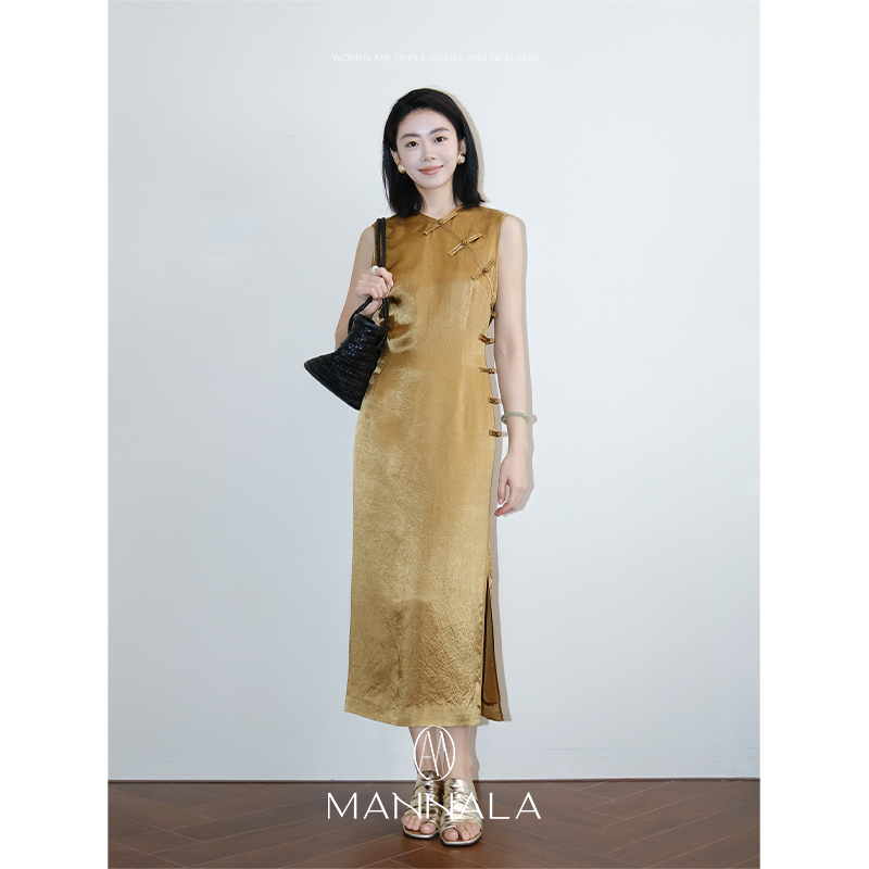 MANNALA丨“琉璃”新中式旗袍气质盘扣修身醋酸连衣裙Q8072