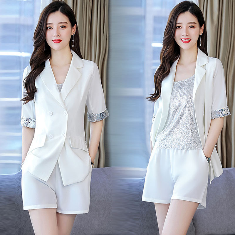 深依度2021夏装新款女装三件套夏季时尚高定精品亮片西装套装 923