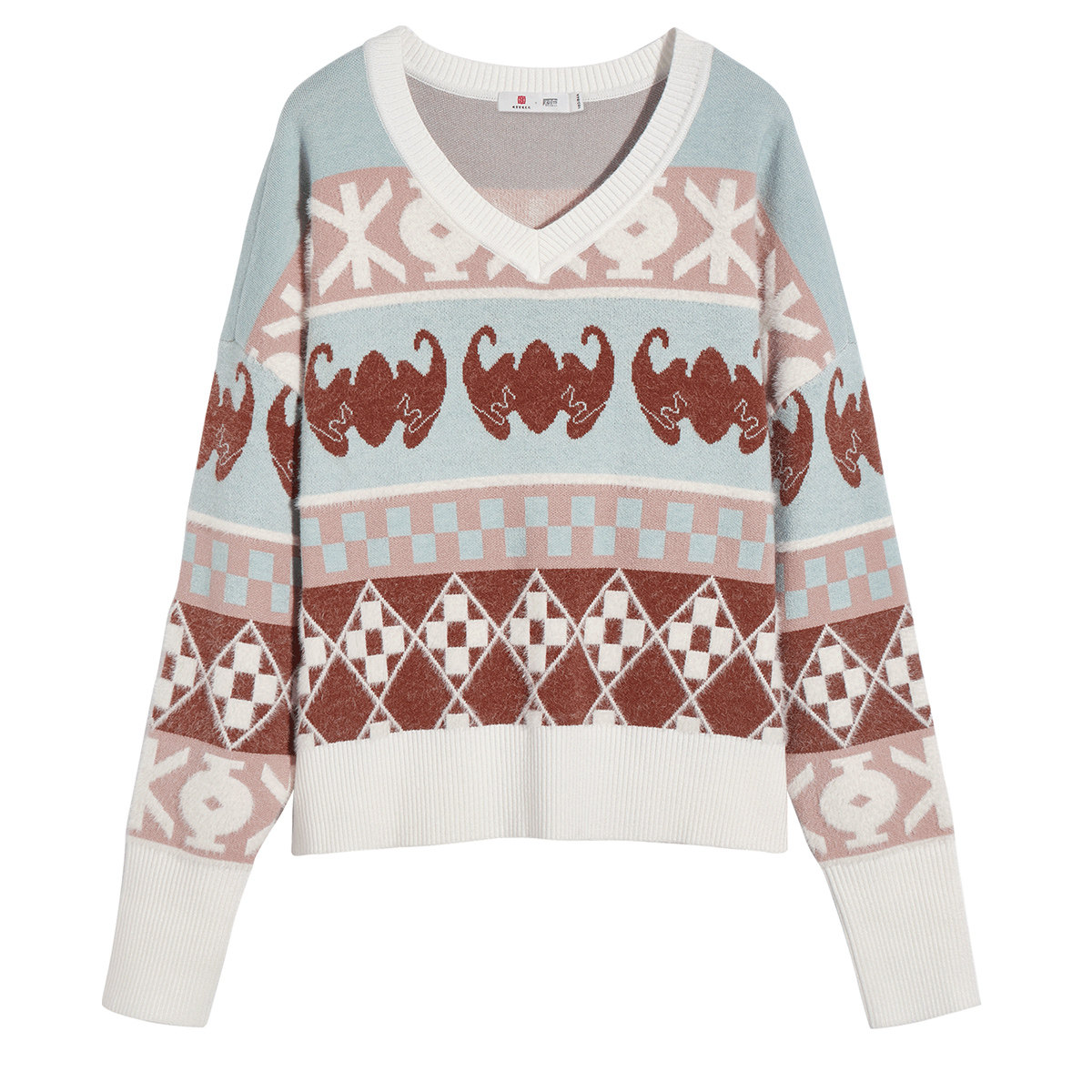 【国风系列】对白v领拼接花纹针织衫2020秋款慵懒风套头毛衣女d2