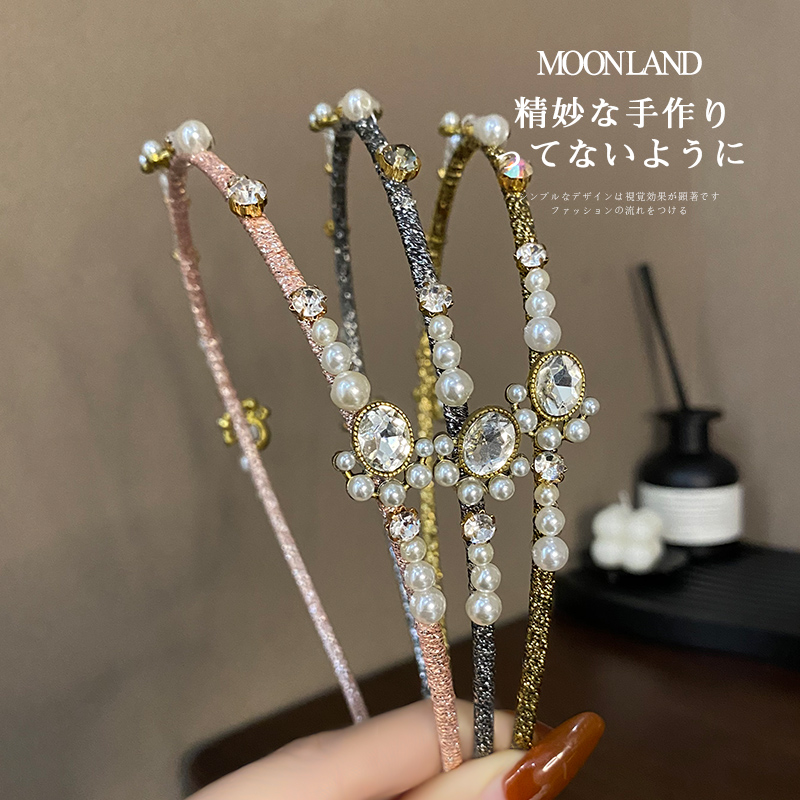 Moonland/慕阑发箍女高级感洋气时尚金丝珍珠水钻头箍 细发卡头饰