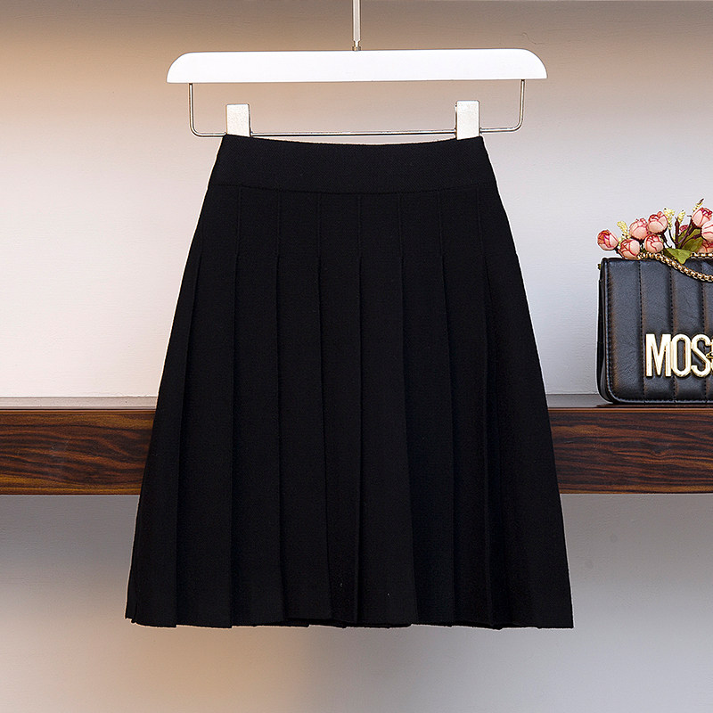 实拍新款大码女装微胖mm针织短裙a字裙百褶裙高腰纯色百搭半身裙