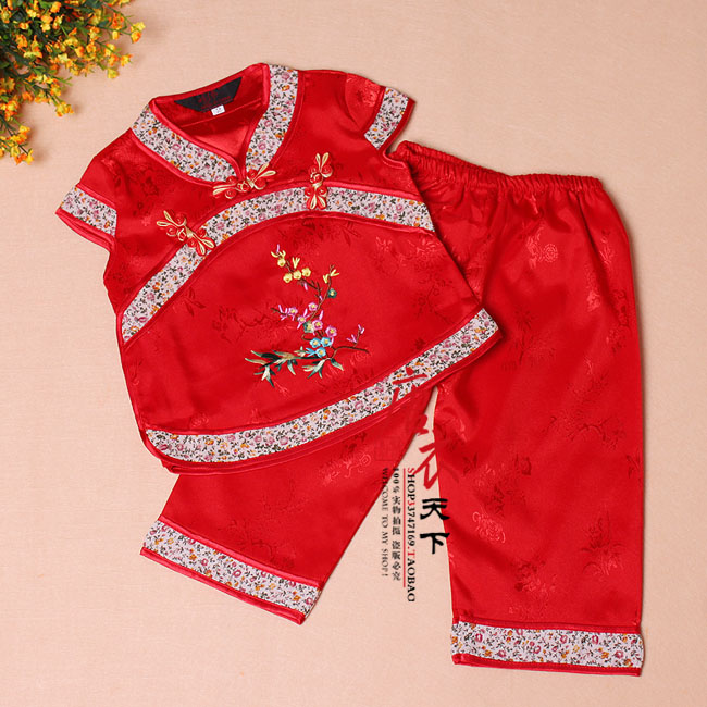 中国风女童短袖唐装套装儿童民族风大红色舞台装表演服演出服夏款