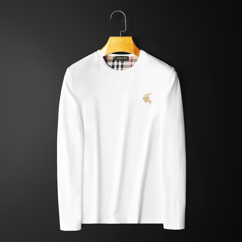 欧洲站巴宝莉时尚秋季新款圆领绣标纯色简约丝光棉长袖t恤男大码