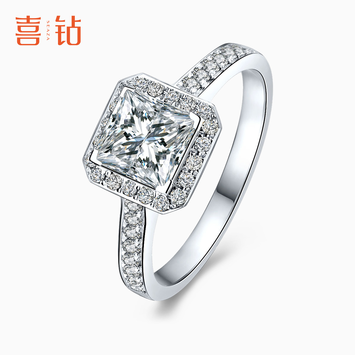 喜钻正品 18k金一克拉钻石戒指女公主方钻豪华款专柜定制真钻钻戒