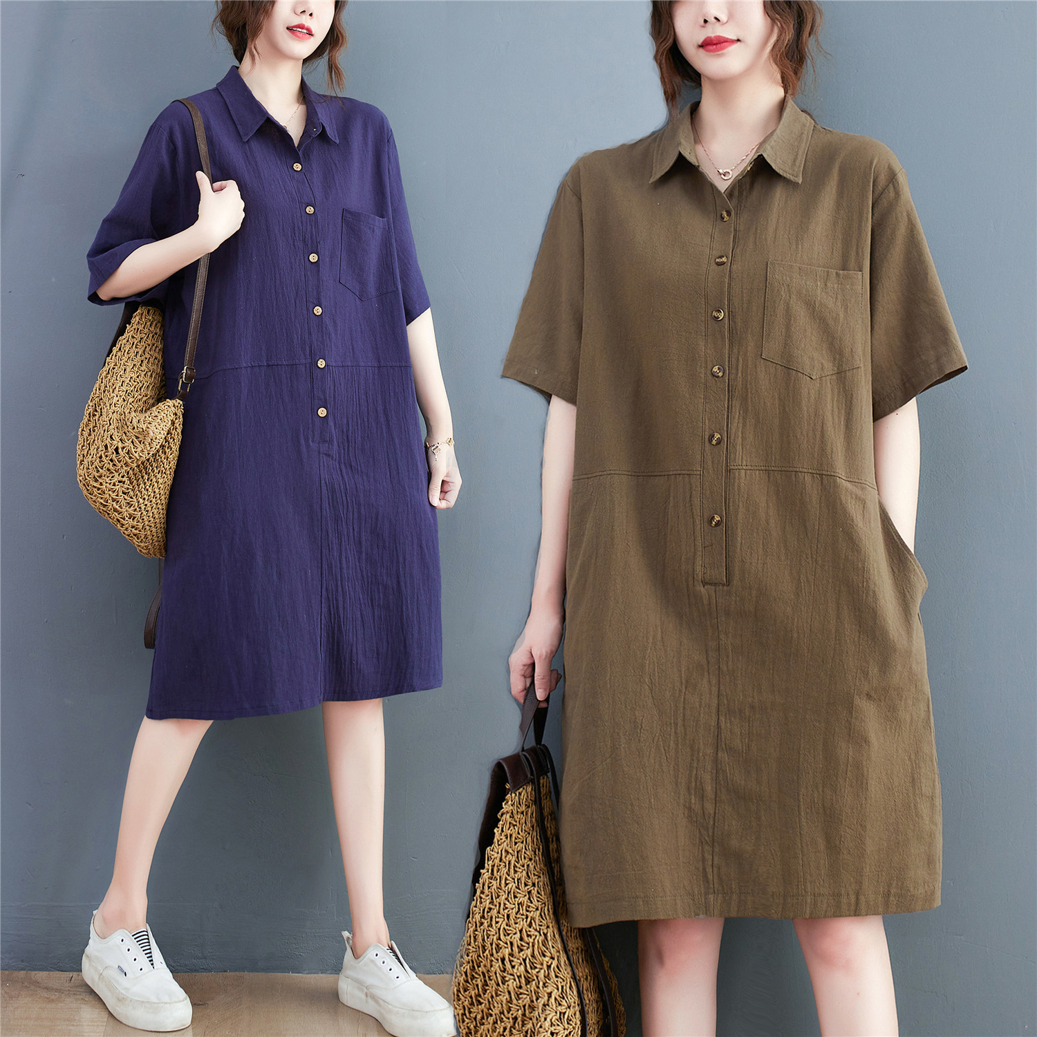 外贸法式高端品牌气质简约休闲宽松棉麻连衣裙女亚麻短袖衬衫裙