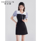 韩语琳学院风黑色连衣裙女夏季泡泡袖短裙2024年新款高腰拼接裙子