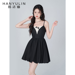 韩语琳黑色吊带连衣裙女短款2024年夏季新款V领高级感生日公主裙