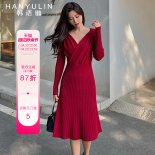 韩语琳秋冬新款收腰大红色交叉V领针织连衣裙女年会显身材