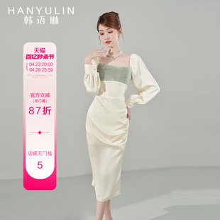 韩语琳法式连衣裙女春秋2024新款气质修身显瘦高级感长袖方领裙子