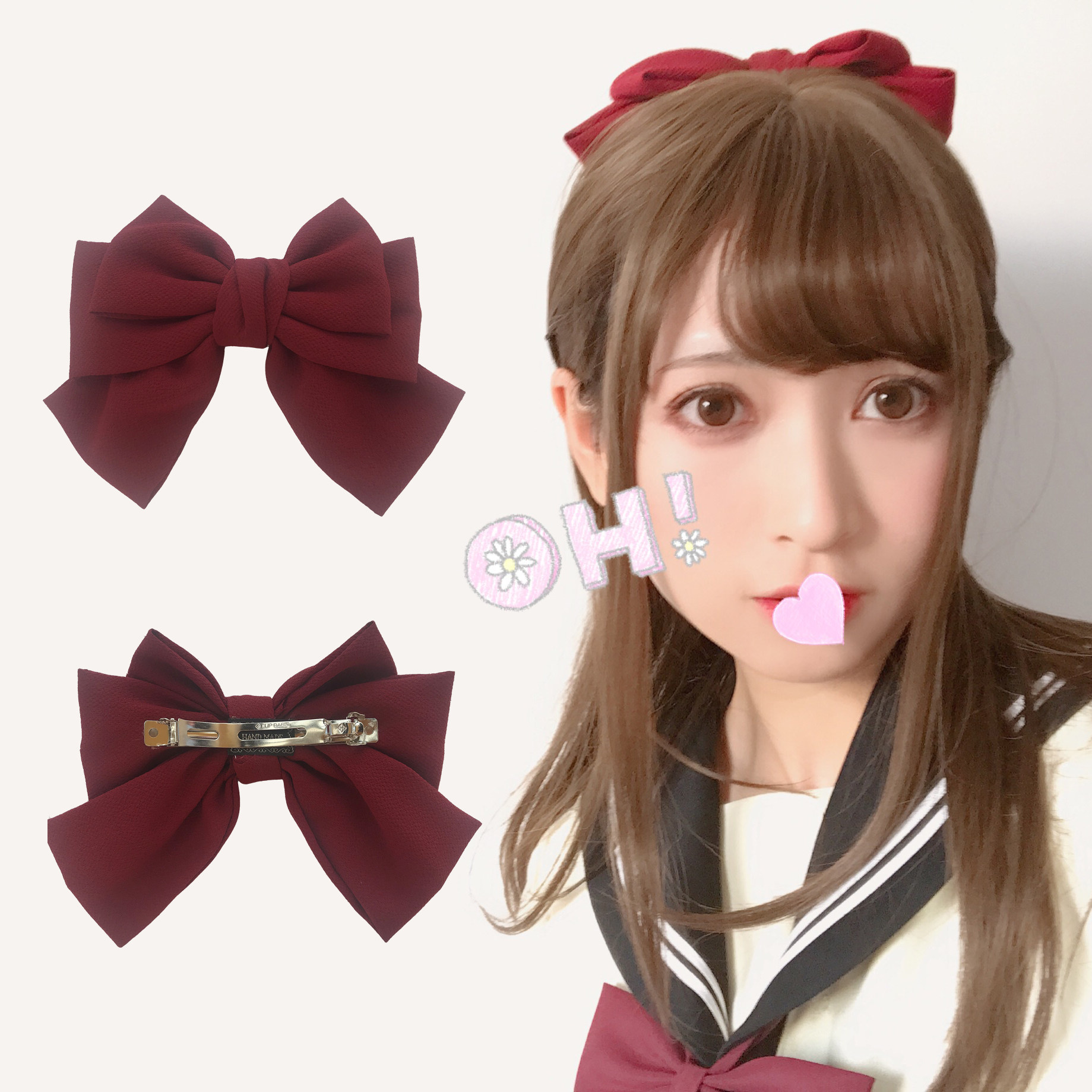 jk制服水手服发饰顶夹边夹纯色赤色大蝴蝶结发饰头饰