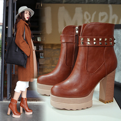 16秋冬季新款短靴超高跟防水台马丁靴时尚欧美范女靴子粗跟时装靴