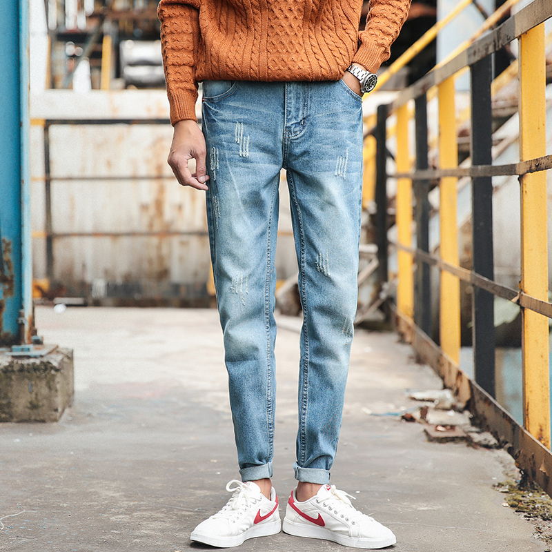 秋鼕季韓版潮流修身小腳褲男士牛仔褲加絨直筒乞丐破洞學生長褲子