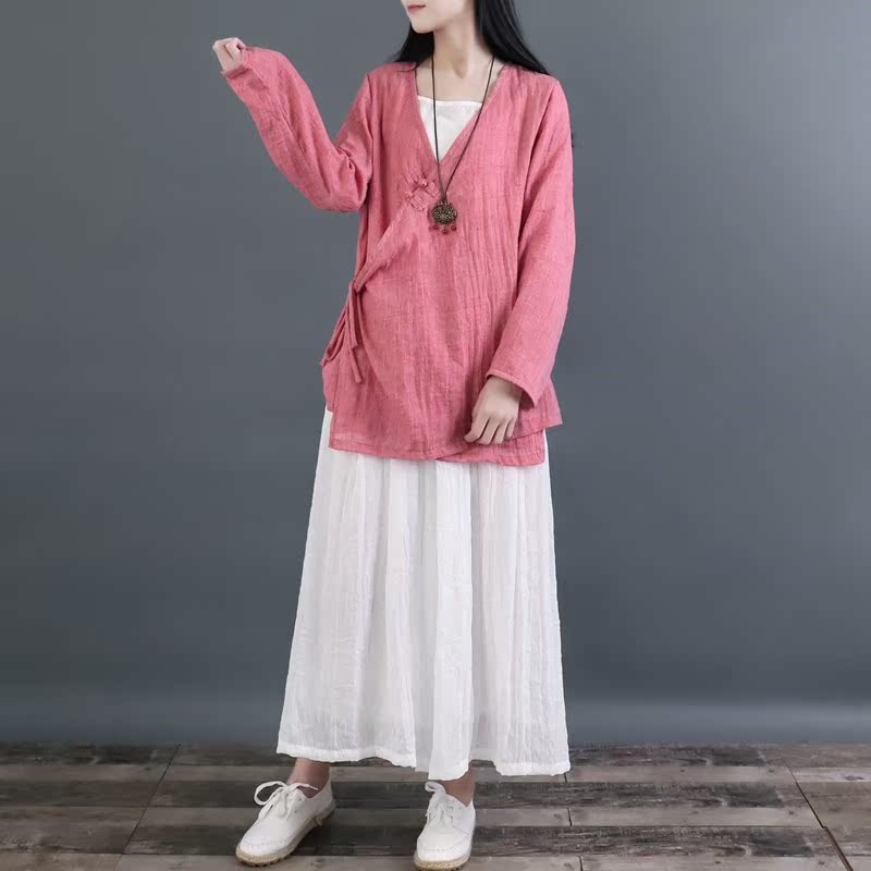 清袅斜襟V领盘扣棉麻纱中式上衣禅茶服衬衫系带女春 长袖复古禅意在类目 女装/女士精品, 衬衫中 - 来自Buy2taobao.com提供专业的淘宝代购服务