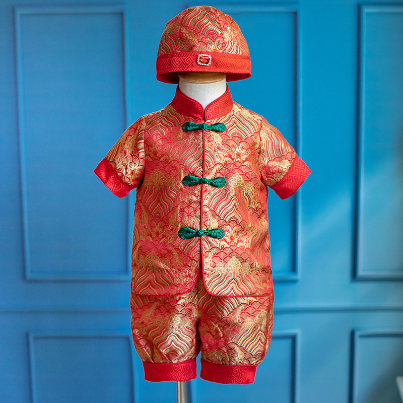 男宝宝周岁礼服婴儿抓周衣服儿童百天宴夏季中国风短袖国风唐装